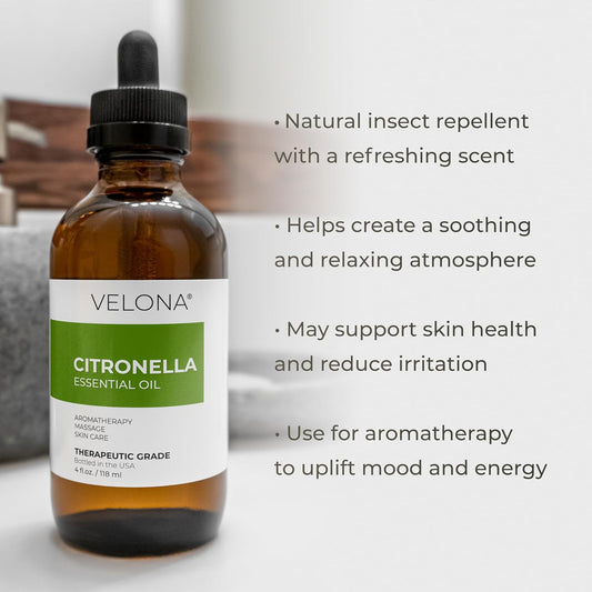 Citronella Essential Oil By Velona - 4 Oz | Therapeutic Grade 100% Pure And Natural | For Aromatherapy Diffuser, Massage, Skincare, Haircare, Soapmaking | Undiluted And Multipurpose In Glass Bottle……