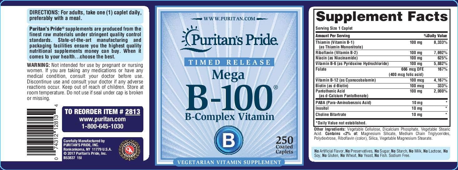 Puritan's Pride -100 Complex Timed Release Supports Energy Metabolism, Caplets, Vitamin B, 250 Count : Health & Household