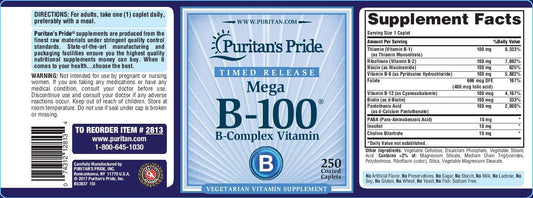Puritan's Pride -100 Complex Timed Release Supports Energy Metabolism, Caplets, Vitamin B, 250 Count : Health & Household