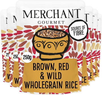 Merchant Gourmet Brown, Red, Wild Microwave Rice - Pack Of 6 X 250G Pouches, Source Of Fiber, Low Fat & Vegan, Ready In Minutes, Plant-Based Ready Meal