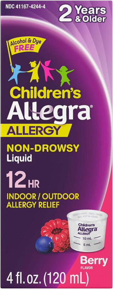 Allegra Children'S 12-Hour Allergy Relief Liquid, Non-Drowsy Indoor And Outdoor Allergy Medicine, 30 Mg Fexofenadine Hci Antihistamine For Kids, Berry Flavor, 4 Oz