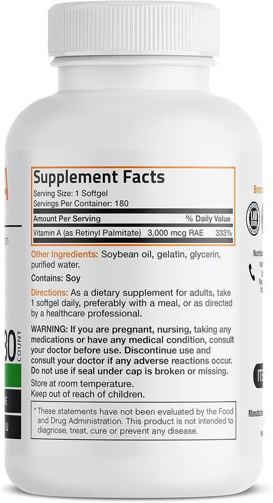 Bronson Vitamin A 10,000 Iu Premium Non-Gmo Formula Supports Healthy Vision & Immune System And Healthy Growth & Reproduction, 180 Softgels