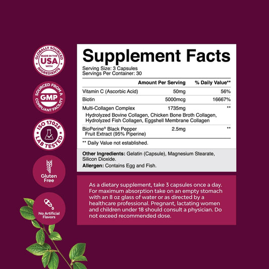 Advanced Multi Collagen Complex - Biotin And Collagen Supplement For Men And Women With Bioperine And Vitamin C - Type 1 2 3 5 & X Collagen Pills For Bone And Joint Support Hair Skin And Nails