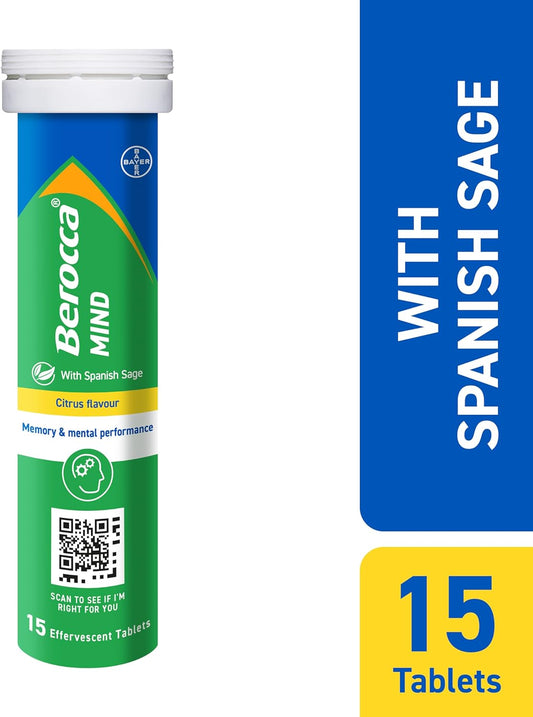 Berocca Mind Effervescent Tablets Including B Vitamins, With Spanish Sage To Support Memory And Mental Performance - 15 Tablets - Citrus Flavour