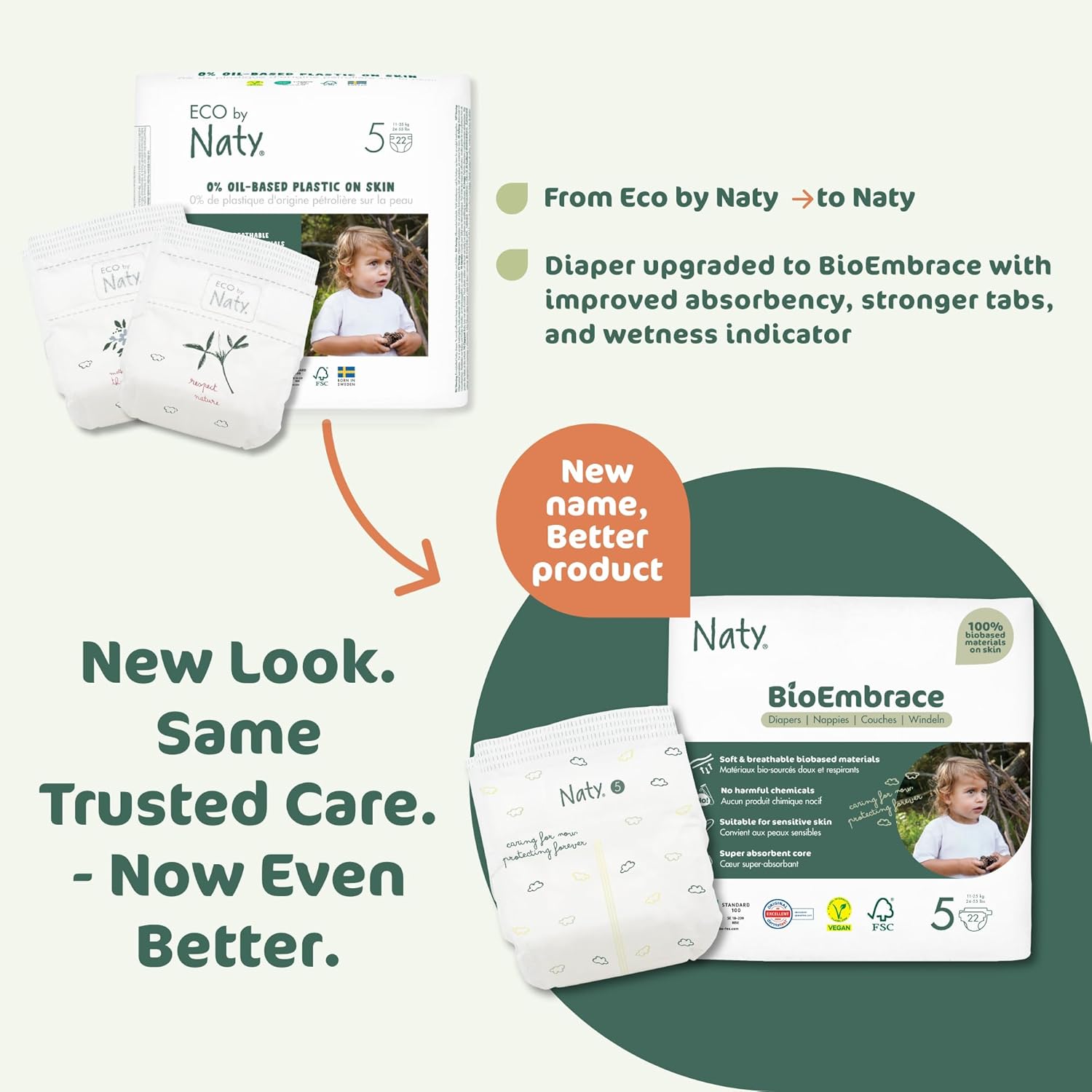 Naty Bioembrace Baby Diapers Size 5 (24–55 Lbs) | 100% Biobased On Skin | Plant-Based Softness | Dermatologically Tested, Super Absorbent | 80 Count