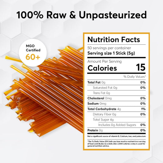 P.R.I Manuka Honey Sticks, Certified Mgo 60+, Raw New Zealand Manuka Honey, Perfect For On-The-Go, 10Ct