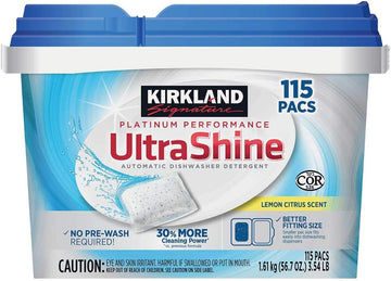 Kirkland Signature Ultrashine Dishwasher Detergent Pacs, Lemon Citrus, 115 Ct