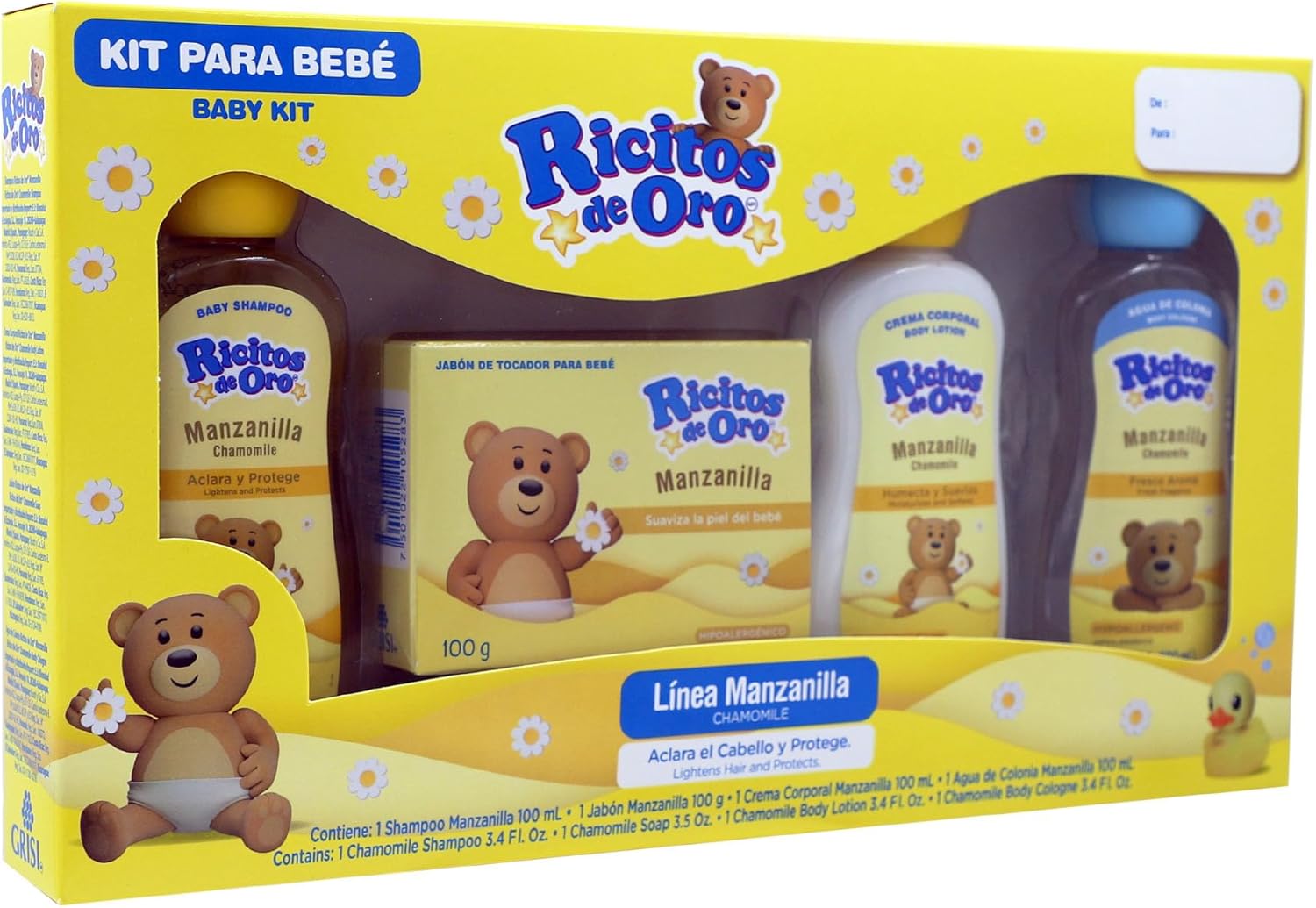 Ricitos De Oro Baby Kit, Chamomile, Hypoallergenic Products, Chamomile Shampoo, Bar Soap, Body Lotion, Body Cologne, 4 Products Inside, One Kit : Baby