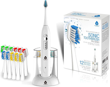 Pursonic S430 Smartseries Electronic Power Rechargeable Sonic Toothbrush With 40,000 Strokes Per Minute, 12 Brush Heads Included, White