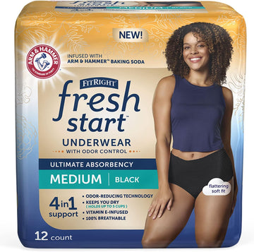 Fitright Fresh Start Incontinence And Postpartum Underwear For Women, Medium, Black (12 Count) Ultimate Absorbency, Disposable Underwear With The Odor-Control Power Of Arm & Hammer
