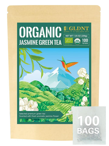 Gldnt Organic Jasmine Green Tea Bags, Organic Green Tea Scented With Jasmine Flowers, Floral Aroma & Smooth Taste, 100 Count
