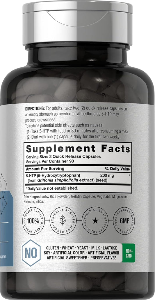 Horbäach 5Htp 200Mg Capsules | 180 Count | Griffonia Simplicifolia | 5Htp Extra Strength Supplement | Non-Gmo, Gluten Free | 5 Hydroxytryptophan