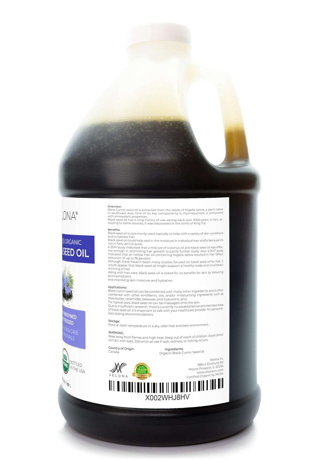 velona Black Cumin Seed Oil USDA Certified Organic - 64 oz | 100% Pure and Natural Carrier Oil | Unrefined, Cold Pressed | Hair, Body and Skin Care : Health & Household