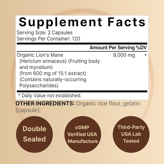 Naturebell Lions Mane Mushroom Supplement Capsules 9,000Mg, 240 Capsules | 120 Days Supply – Made With Organic Lion’S Mane Powder Extract – Cognitive Brain Nootropic & Immune Health Support – Non-Gmo
