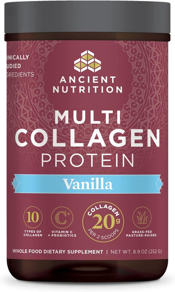 Ancient Nutrition Hydrolyzed Collagen Peptides Powder With Probiotics, Vanilla Multi Collagen Protein For Women And Men With Vitamin C, 24 Servings, Supports Skin And Nails, Gut Health, 8.9Oz