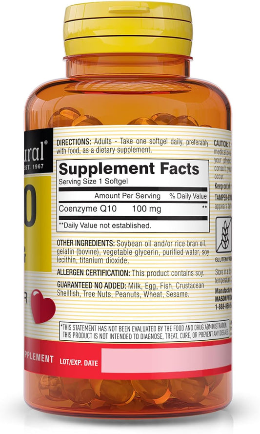 Mason Natural Co Q10 100 Mg - Healthy Heart And Cellular Energy Production, Supports Cardiovascular Health, 60 Softgels