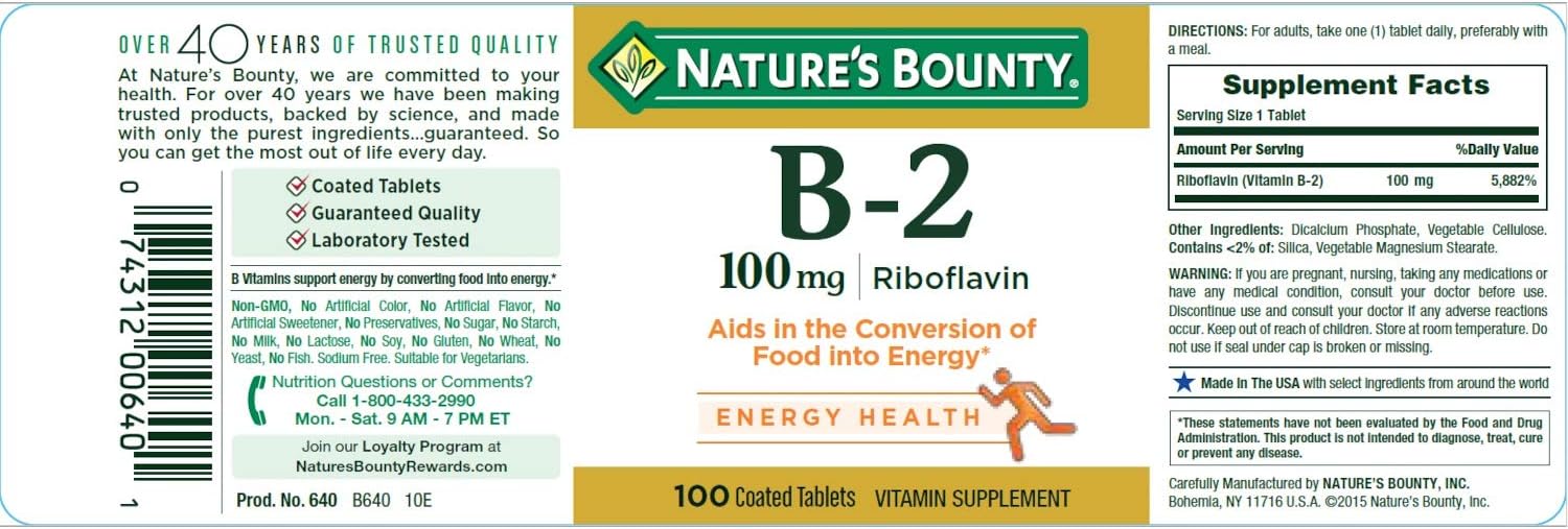 Nature's Bounty Vitamin B2 as Riboflavin Supplement, Aids Metabolism, 100 Count (Pack of 3)