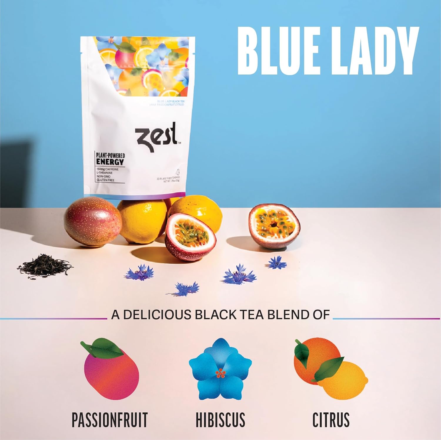 Zest 150Mg High Caffeine Energy Leaf Blend - Blue Lady Black Tea - 20 Pack Bag - Hot Or Iced - All Natural Strong Flavored Healthy Coffee Alternative Highly Caffeinated Substitute - Perfect For Keto