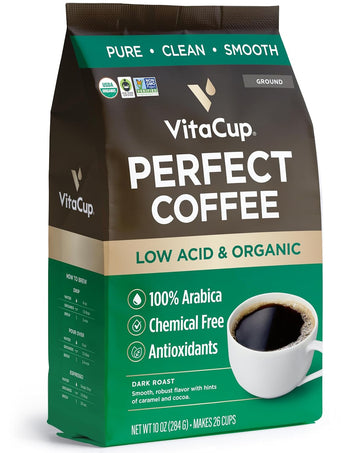 Vitacup Perfect Low Acid Coffee Ground, Usda Organic & Fair Trade, Mycotoxin Free, Dark Roast Guatemala Single Origin, Clean & Pure For Drip Coffee Brewers And French Press, 10 Ounces