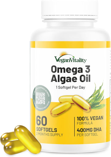 Vegan Vitality Vegan Omega 3 Supplement - 60 Plant Based Algae Oil Soft Gels Essential Fatty Acids With Vegan Dha For Joint, Heart & Immune Support Without Epa