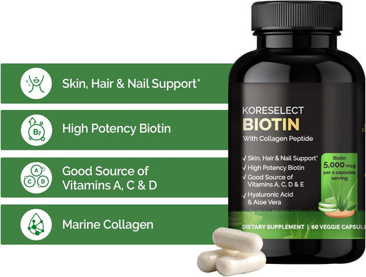 Biotin Collagen Capsules 5000Mg, With B7 And Multivitamins, Hyaluronic Acid, Aloe For Men & Women, Hair, Nail, Skin Care, 60 Capsules