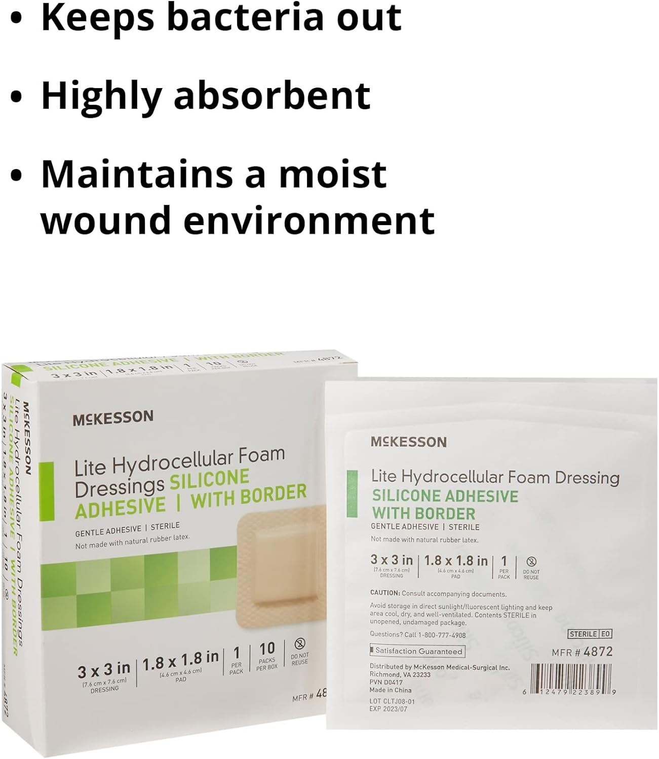 McKesson Lite Hydrocellular Foam Dressings, Sterile, Silicone Adhesive with Border, 3 in x 3 in, 10 Count, 20 Packs, 200 Total