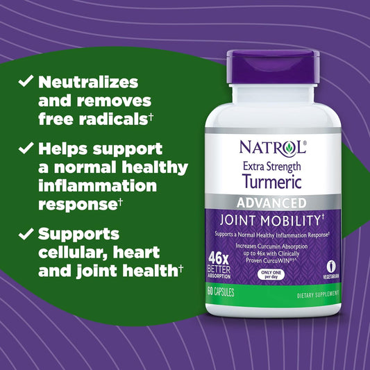 Natrol Extra Strength Turmeric, Dietary Supplement For Joint Health, Turmeric Supplement For Adults, 60 Capsules, Up To A 60 Day Supply