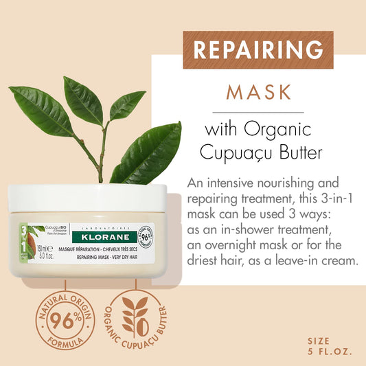 Klorane 3-in-1 Mask with Organic Cupuaçu Butter, Nourishing & Repairing for Very Dry Damaged Hair, Classic Mask, Overnight Mask, Leave-in Cream, SLS/SLES-Free, Biodegradable, 5 oz
