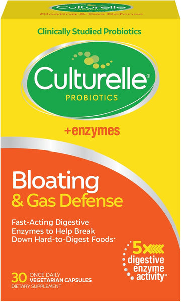 Culturelle Bloating & Gas Defense, Digestive Enzymes & Probiotics For Digestive Health, 30 Capsules, Supports Occasional Indigestion & Discomfort