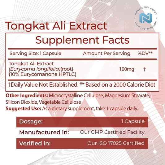 Nootropics Depot Tongkat Ali Extract Capsules | 100Mg | 60 Count | 10% Eurycomanone By Hptlc | Eurycoma Longifolia Root Extract