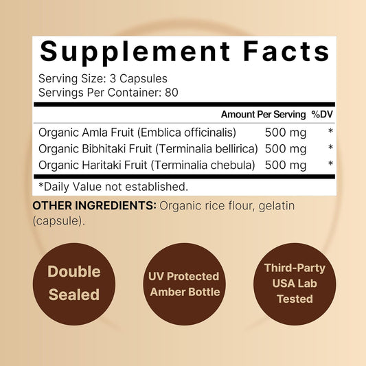 Naturebell Triphala Capsules Supplement, 1,500Mg Per Serving | Made With Organic Amla, Bibhitaki, Haritaki Fruit Powder – Supports Digestive Health – Double Strength, Non-Gmo
