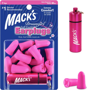 Macks Dreamgirl Soft Foam Earplugs, 7 Pair With Travel Case - Small Ear Plugs For Sleeping, Snoring, Studying, Loud Events, Traveling And Concerts