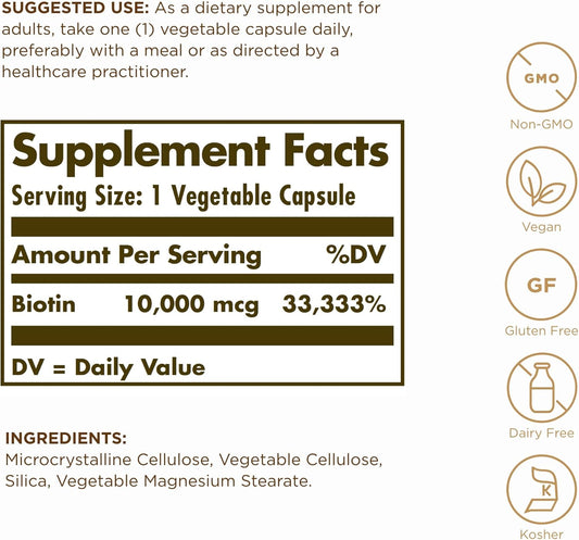 Solgar Super High Potency Biotin 10,000 Mcg - 120 Vegetable Capsules, Pack Of 2 - Supports Healthy Skin, Nails & Hair - Non-Gmo, Vegan, Gluten & Dairy Free - 240 Total Servings