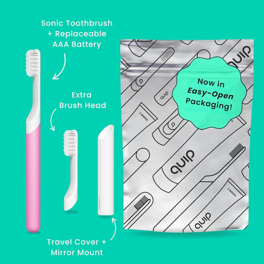 Quip Sonic Toothbrush For Adults With Timer - Includes Extra Brush Head And Travel Cover Mount - Electric, Soft Bristle Refill Head, Plastic Handle, 3 Month Battery Life - Travel Toothbrush - Green