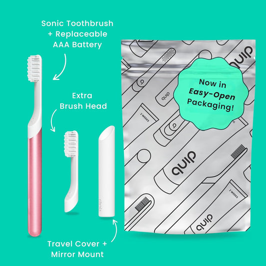 Quip Sonic Toothbrush For Adults With Timer - Includes Extra Brush Head And Travel Cover Mount - Electric, Soft Bristle Refill Head, Metal Handle, 3 Month Battery Life - Travel Toothbrush - Pink