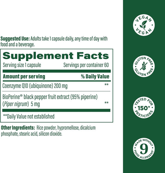 Megafood High Absorption Coq10 200Mg Per Serving - With Bioperine Black Pepper Extract - Antioxidant Support For Cellular Energy & Healthy Aging - 60 Heart Health Supplements Capsules, 60 Servings