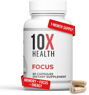 10X Health Focus Brain Supplements For Memory And Focus - Cognitive Supplement Boost Clarity, Alertness, And Energy With Huperzine-A, Ginkgo Biloba, And Rhodiola Rosea - 60 Capsules