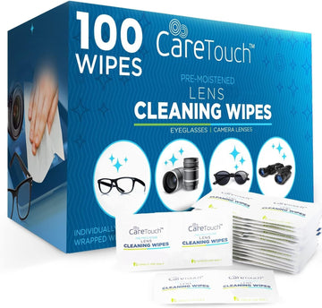 Care Touch Lens Wipes For Eyeglasses | Individually Wrapped Eye Glasses Wipes | 100 Pre-Moistened Lens Cleaning Eyeglass Wipes