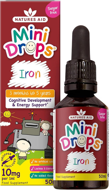 Natures Aid Mini Drops Iron For Kids 50Ml – Supports Cognitive Development & Energy – Gluten & Sugar Free Vegan Non-Gmo – Natural Supplement For Babies & Children Age 0-5 Years Old - Dropper Included