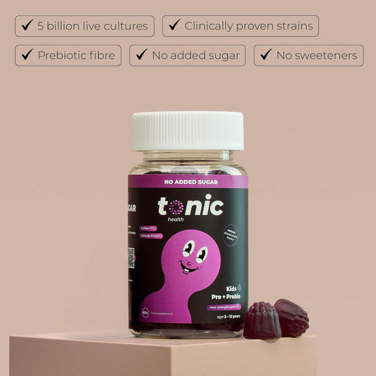 Tonic Health Kids Probiotic Gummies - 2 In 1 Prebiotics & Probiotics For Kids, No Added Sugar, Digestive System, Gut Health, Immune System, Ages 3-12, Vegan, Blackcurrant, Month Supply (60 Count)