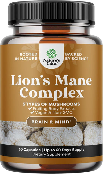 Advanced Lion'S Mane Mushroom Supplement - Lions Mane Supplement Capsules With 5X Fruiting Body Mushroom Complex With Chaga Maitake Shiitake And Reishi - Brain Booster Nootropic Supplement (60 Caps)