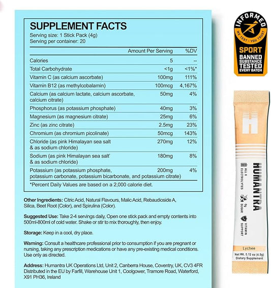 Humantra Hydration Packets | Zero Sugar Electrolyte Hydration Multiplier W/Essential Minerals & 6 Electrolytes | Electrolytes Powder (20 Count, Lychee)
