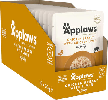 Applaws Natural Wet Adult Cat Food, Chicken With Chicken Liver In Jelly, 70G Pouch (Pack Of 16 Pouches)8251Ml-A