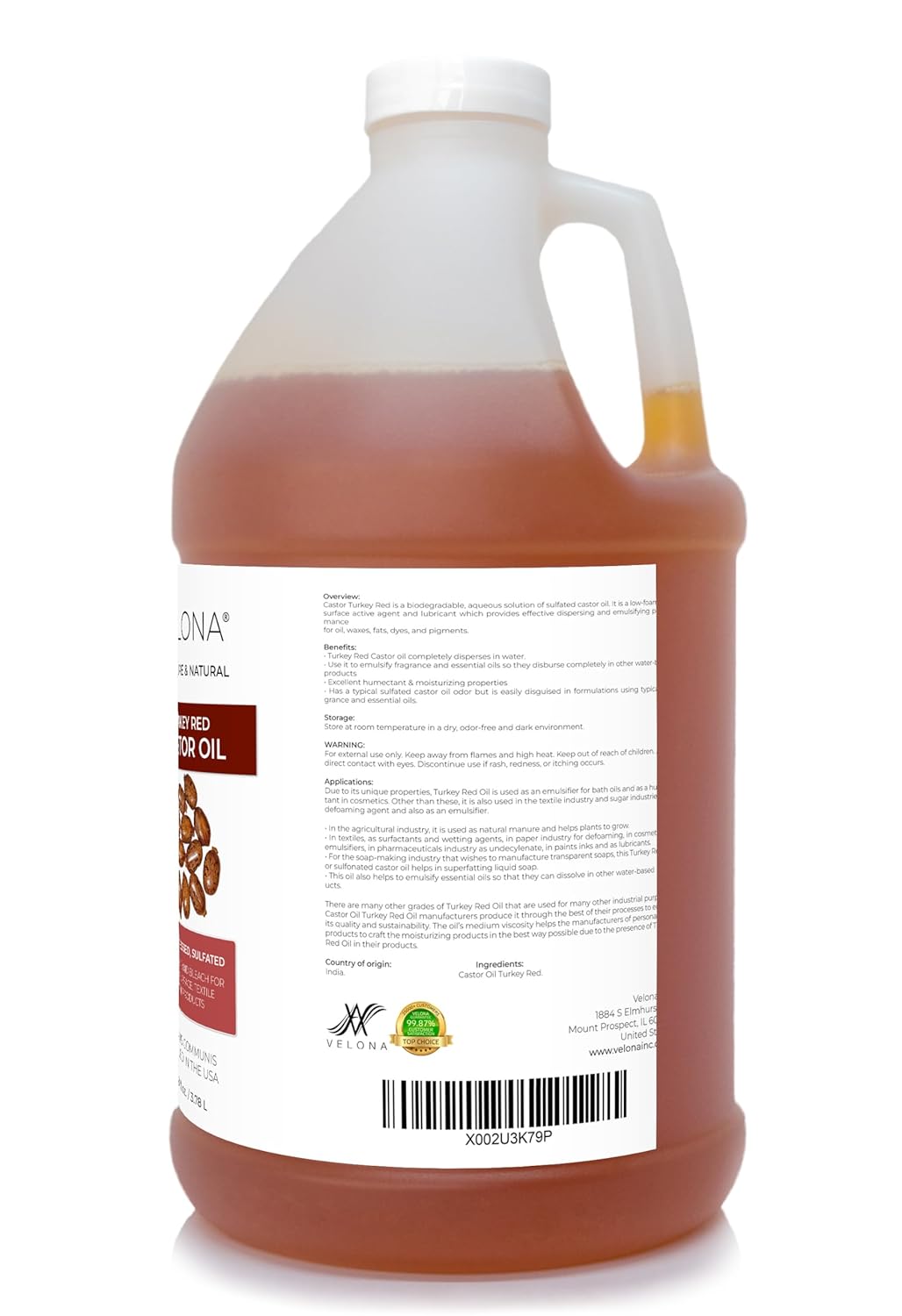 velona Castor Oil Turkey Red 1 Gallon / 128 Fl Oz | 100% Pure and Natural Carrier Oil | Cold Pressed | Hair, Body and Skin Care | Use Today - Enjoy Results : Beauty & Personal Care
