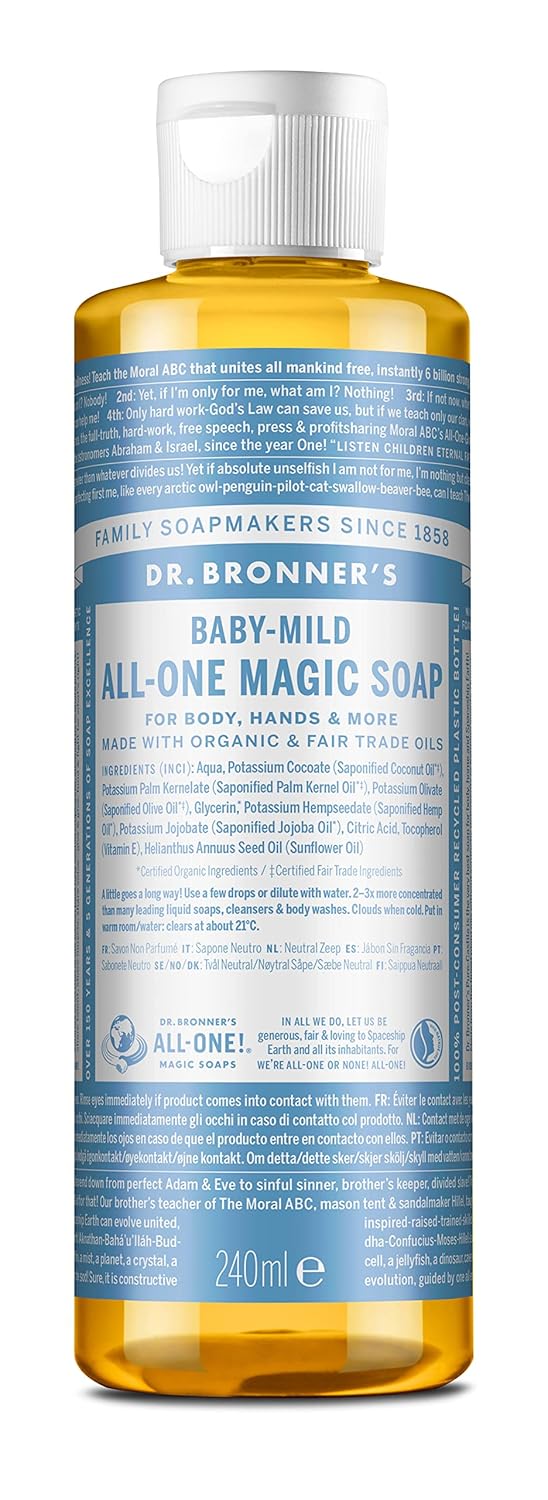 Dr. Bronner's - Pure-Castile Liquid Soap (Baby Unscented, 8 Ounce) - Made with Organic Oils, 18-in-1 Uses: Face, Hair, Laundry, Dishes, For Sensitive Skin, Babies, No Added Fragrance, Vegan, Non-GMO : Camping Soaps And Shampoos : Beauty & Personal Care