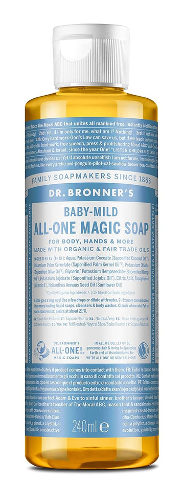 Dr. Bronner's - Pure-Castile Liquid Soap (Baby Unscented, 8 Ounce) - Made with Organic Oils, 18-in-1 Uses: Face, Hair, Laundry, Dishes, For Sensitive Skin, Babies, No Added Fragrance, Vegan, Non-GMO : Camping Soaps And Shampoos : Beauty & Personal Care