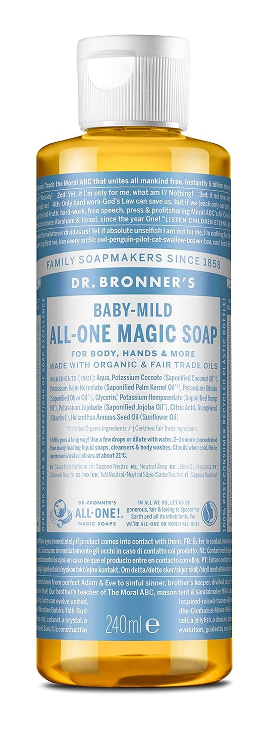 Dr. Bronner's - Pure-Castile Liquid Soap (Baby Unscented, 8 Ounce) - Made with Organic Oils, 18-in-1 Uses: Face, Hair, Laundry, Dishes, For Sensitive Skin, Babies, No Added Fragrance, Vegan, Non-GMO : Camping Soaps And Shampoos : Beauty & Personal Care