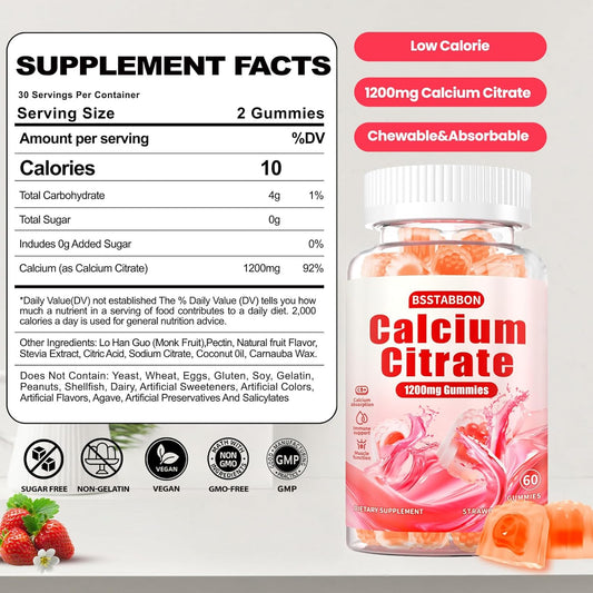 Calcium Citrate Supplement Gummies For Adult: Women & Men Sugar Free 1200 Mg Calcium Chewable Gummy - Organic Natural High Absorption Vegan Supplements For Energy Immune Support (120Count