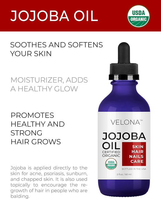 velona Jojoba Oil USDA Certified Organic - 2 oz | 100% Pure and Natural Carrier Oil| Golden, Unrefined, Cold Pressed, Hexane Free