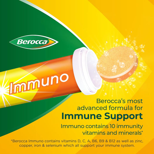 Berocca Immuno Effervescent Tablets, 11 Vitamins And Minerals, Including Vitamins D, C, A, B9, Zinc And Iron ,15 Tablets (Pack Of 1))Packing May Vary)